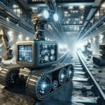 Robots autónomos trabajando en una mina subterránea, con tecnología avanzada visible.