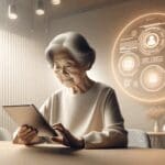 Persona mayor usando una tablet moderna sobre una mesa, fondo neutro, entorno luminoso y tecnológico.