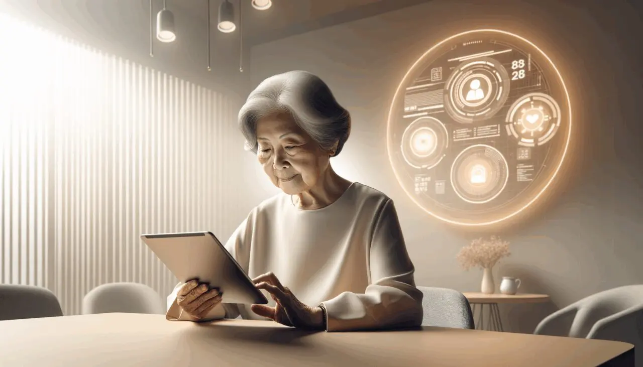 Persona mayor usando una tablet moderna sobre una mesa, fondo neutro, entorno luminoso y tecnológico.