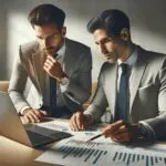 Dos emprendedores en una sala de reuniones moderna, revisando gráficos y estrategias de negocio en una laptop.