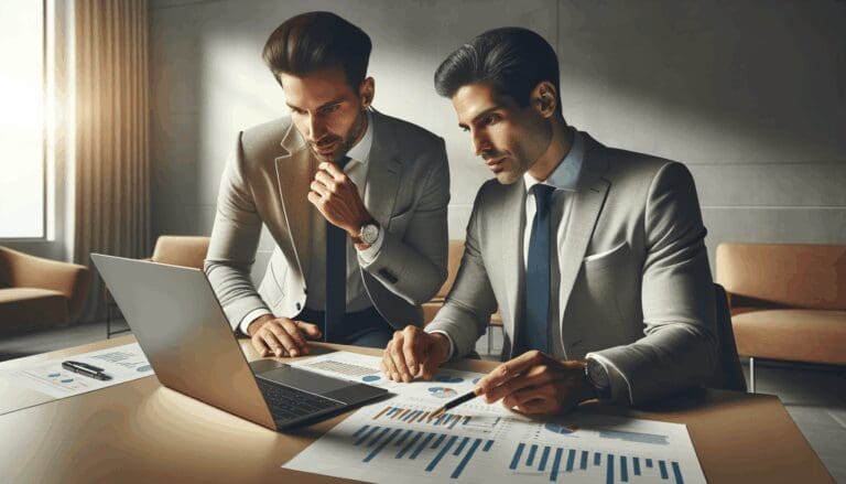 Dos emprendedores en una sala de reuniones moderna, revisando gráficos y estrategias de negocio en una laptop.