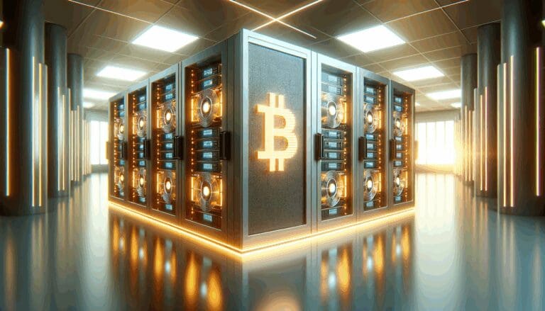 Primer plano de servidores blockchain iluminados en un centro de datos moderno y futurista.