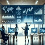 Equipo de trabajo en oficina moderna, analizando gráficos y pantallas con datos financieros digitales.