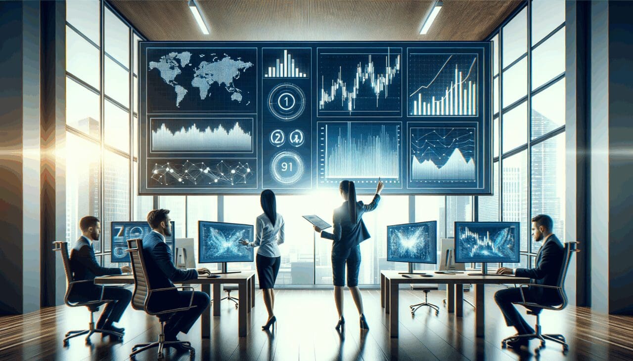Equipo de trabajo en oficina moderna, analizando gráficos y pantallas con datos financieros digitales.
