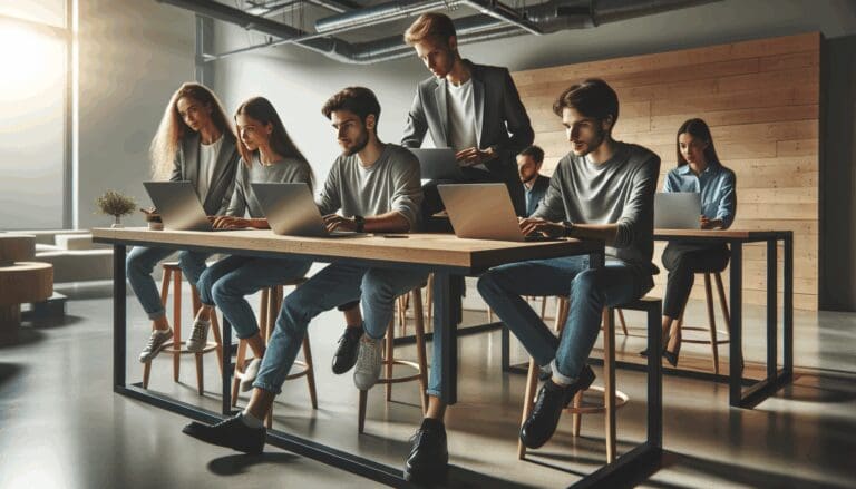 Jóvenes reunidos en una sala moderna de coworking, colaborando frente a computadoras portátiles, ambiente innovador.