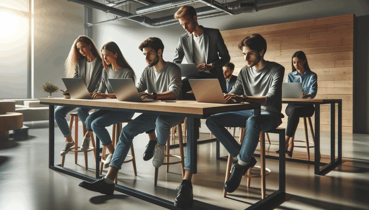 Jóvenes reunidos en una sala moderna de coworking, colaborando frente a computadoras portátiles, ambiente innovador.