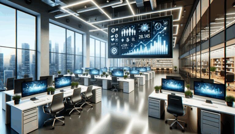 Ilustración de un espacio de coworking moderno con emprendedores trabajando y pantallas mostrando gráficos de crecimiento.