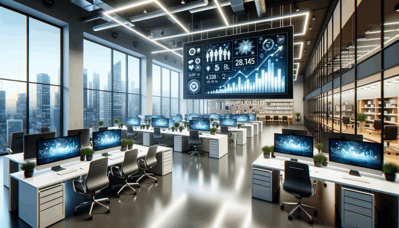 Ilustración de un espacio de coworking moderno con emprendedores trabajando y pantallas mostrando gráficos de crecimiento.