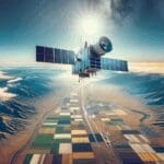 Imagen conceptual de un satélite de observación sobre campos agrícolas, con cielos despejados y paisajes sudamericanos.