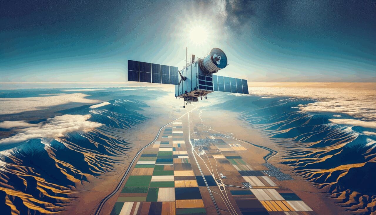 Imagen conceptual de un satélite de observación sobre campos agrícolas, con cielos despejados y paisajes sudamericanos.