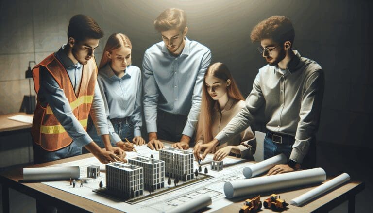 Varios ingenieros jóvenes colaborando sobre planos y maquetas en una oficina con tecnología avanzada.