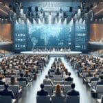 Auditorio moderno lleno de emprendedores y pantallas luminosas en un evento tecnológico internacional.