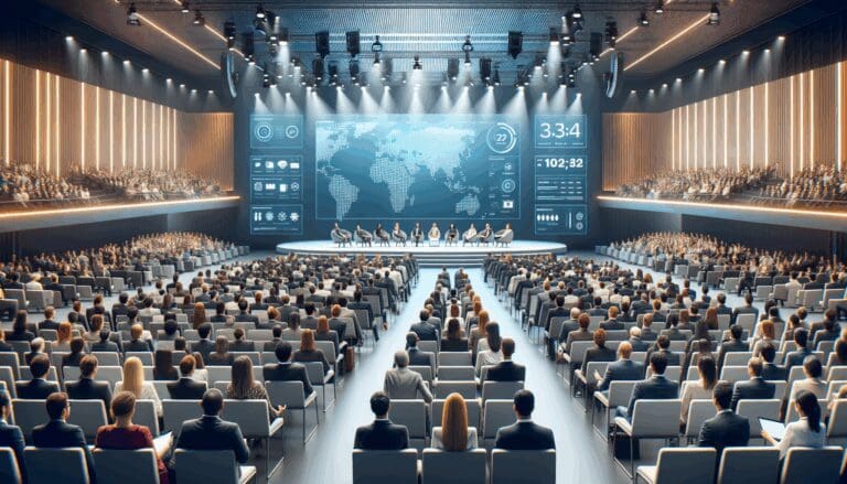 Auditorio moderno lleno de emprendedores y pantallas luminosas en un evento tecnológico internacional.