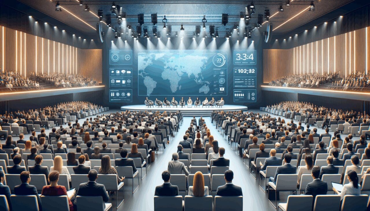 Auditorio moderno lleno de emprendedores y pantallas luminosas en un evento tecnológico internacional.