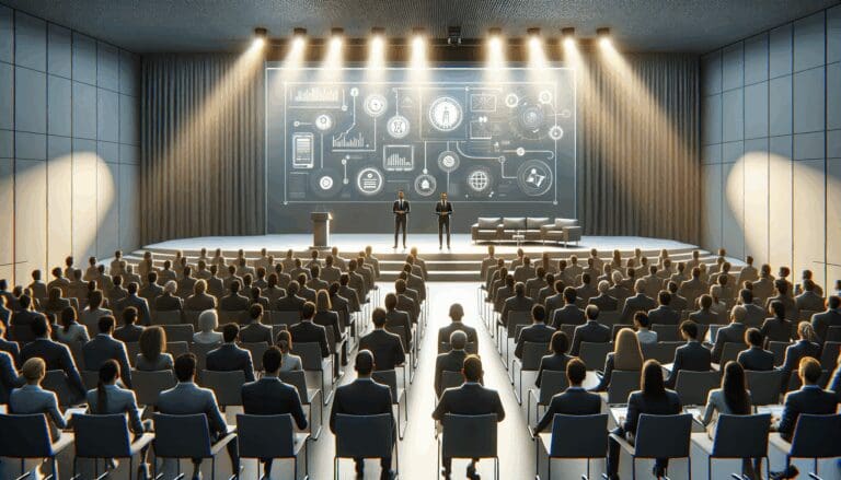 Auditorio moderno con emprendedores presentando proyectos tecnológicos ante un público atento.