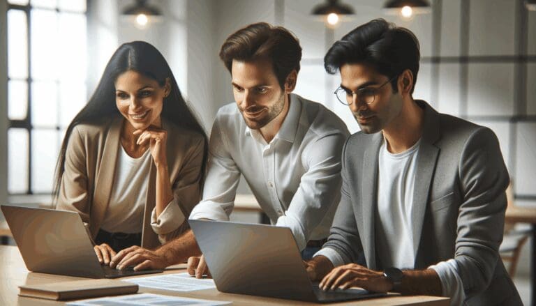 Tres emprendedores colaborando en una oficina moderna, ordenadores portátiles y ambiente tecnológico.