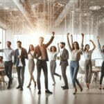 Equipo diverso celebrando en un espacio moderno de coworking, ambiente tecnológico y luminoso.