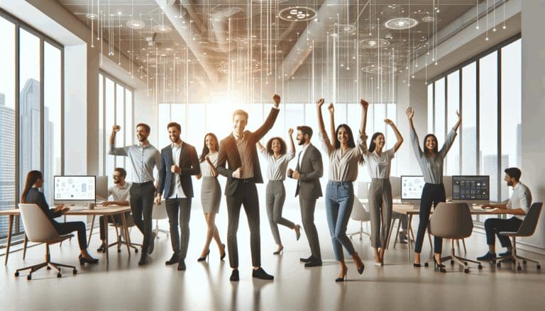 Equipo diverso celebrando en un espacio moderno de coworking, ambiente tecnológico y luminoso.