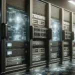 Primer plano de servidores y paneles digitales en una sala de investigación tecnológica con ambiente futurista.