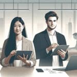 Ilustración minimalista de jóvenes emprendedores usando tecnología financiera en una oficina moderna.