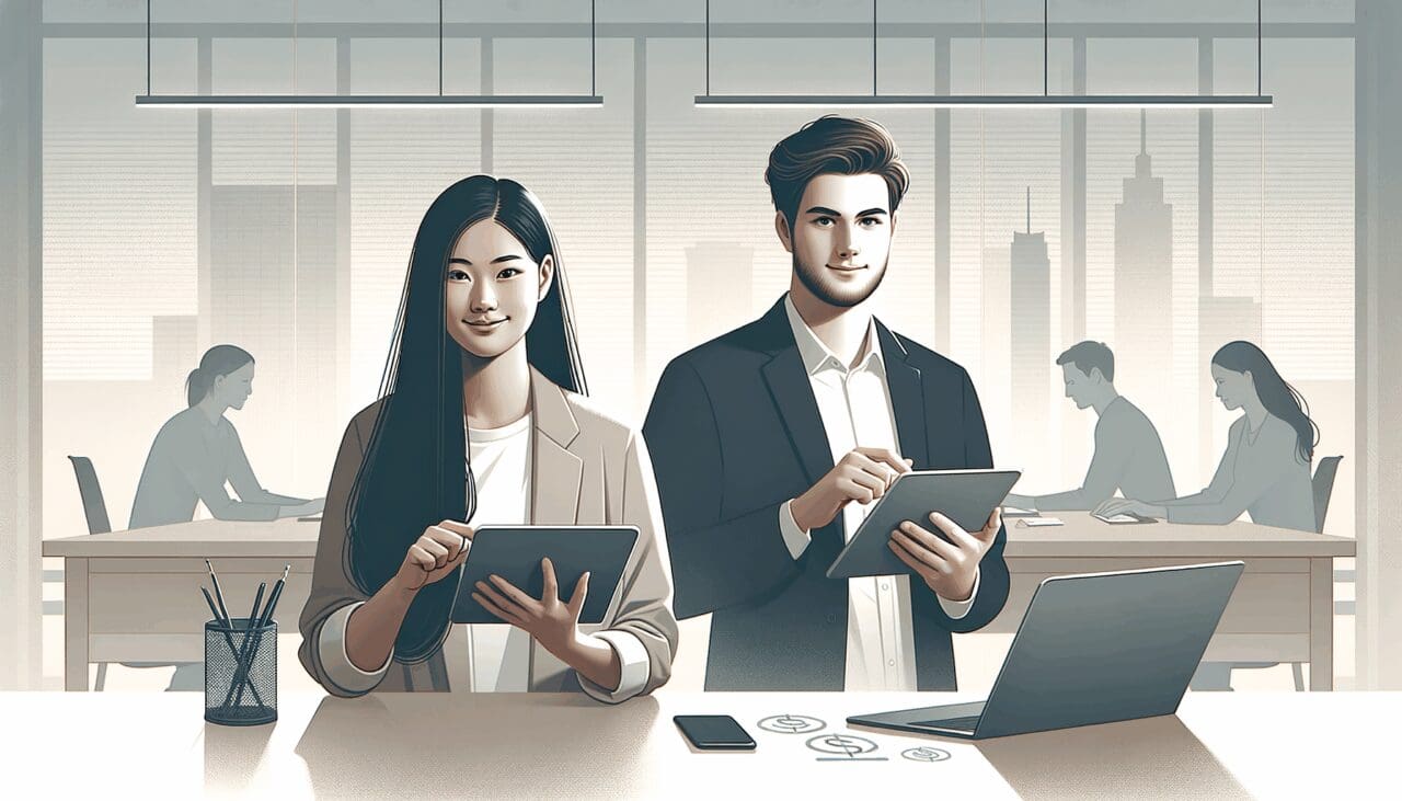 Ilustración minimalista de jóvenes emprendedores usando tecnología financiera en una oficina moderna.