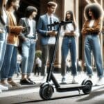 Primer plano de un scooter eléctrico moderno en una ciudad con personas jóvenes alrededor conversando.