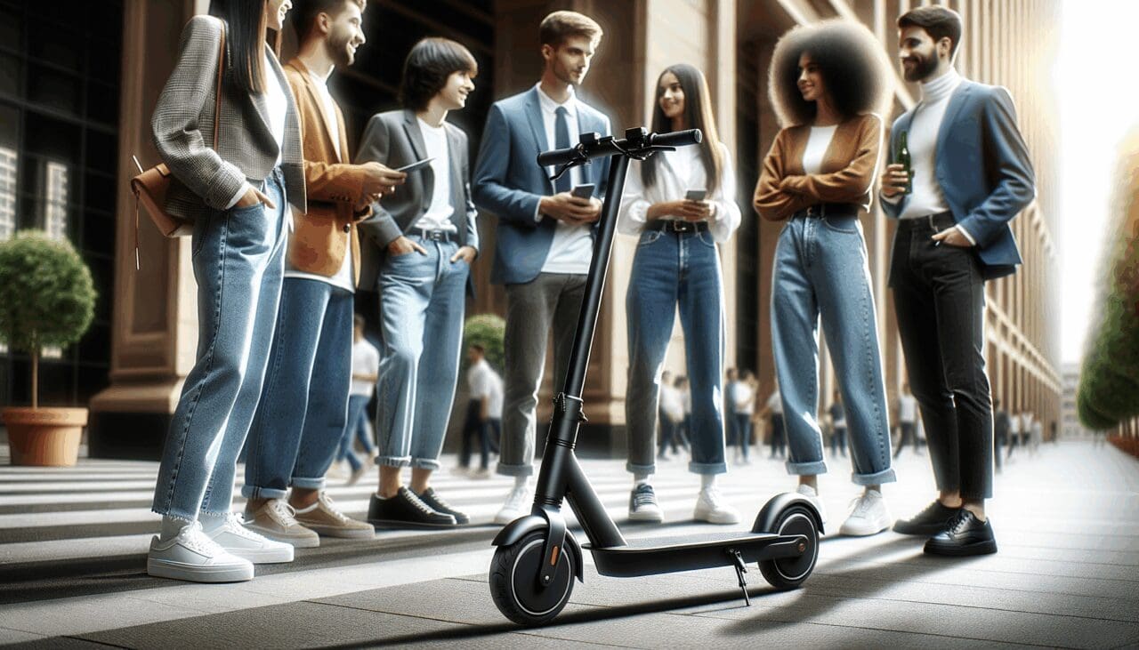 Primer plano de un scooter eléctrico moderno en una ciudad con personas jóvenes alrededor conversando.
