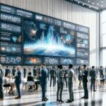 Emprendedores reunidos en un moderno centro de convenciones, interactuando junto a stands tecnológicos y pantallas digitales vibrantes.