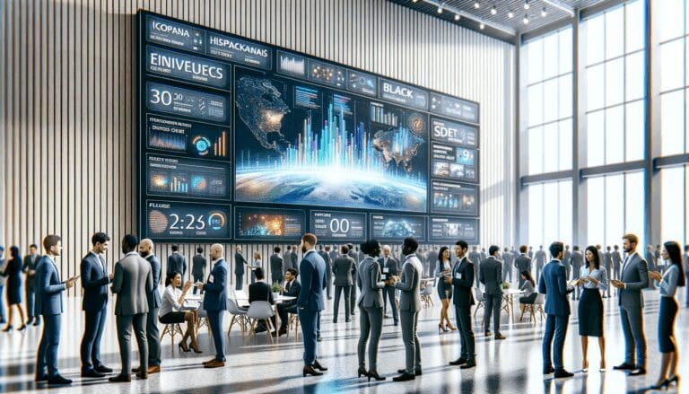 Emprendedores reunidos en un moderno centro de convenciones, interactuando junto a stands tecnológicos y pantallas digitales vibrantes.