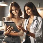 Dos mujeres jóvenes usando una tableta en un entorno médico moderno y luminoso.