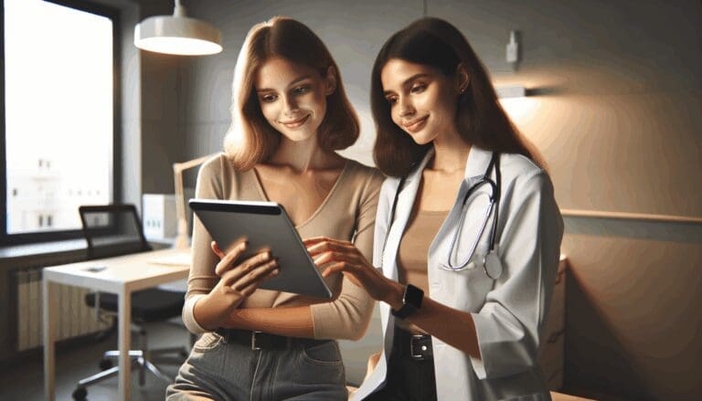 Dos mujeres jóvenes usando una tableta en un entorno médico moderno y luminoso.