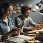 Persona usando un smartphone con auriculares, rodeada de libros y notas tecnológicas, en un espacio minimalista e iluminado.