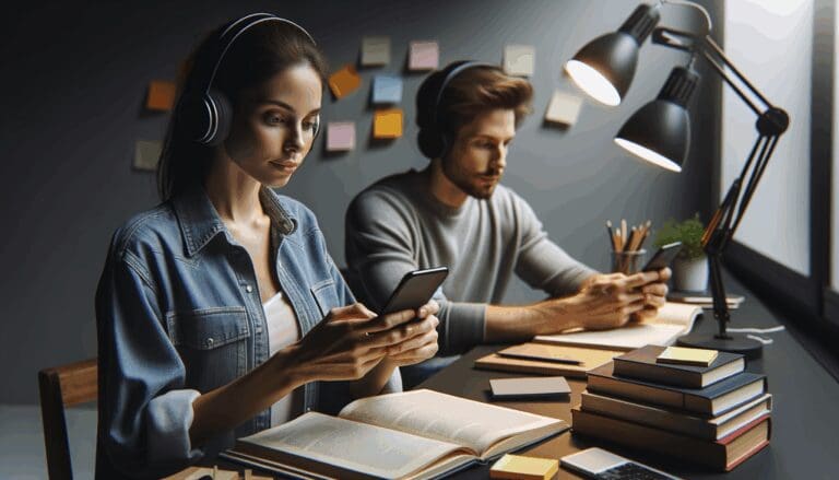 Persona usando un smartphone con auriculares, rodeada de libros y notas tecnológicas, en un espacio minimalista e iluminado.