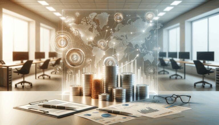 Gráfica moderna con monedas digitales y gráficos de crecimiento, en un entorno de oficina tecnológica.