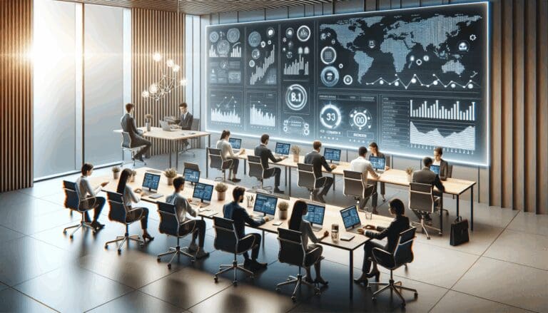 Mesa de trabajo con jóvenes emprendedores y pantallas que muestran gráficos de inversión tecnológica.