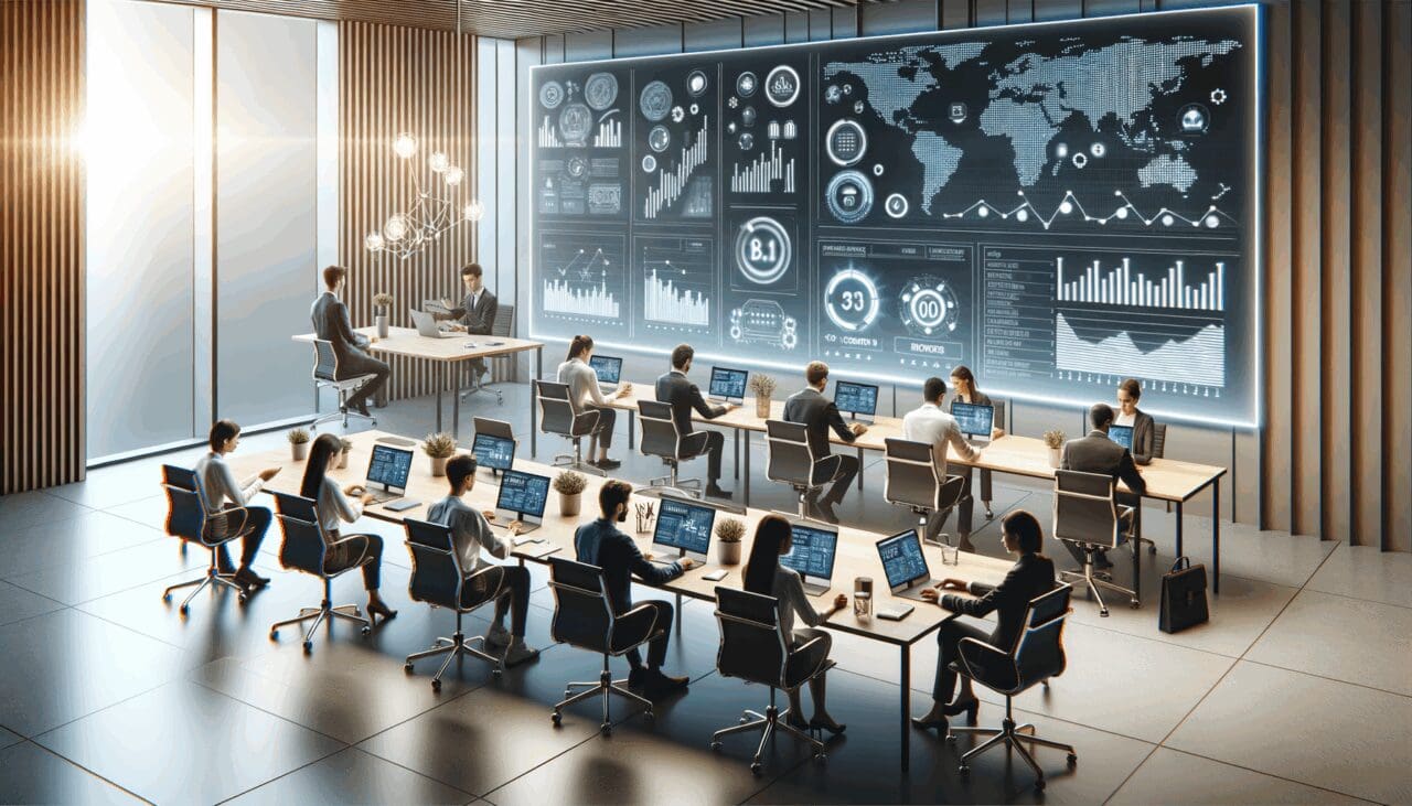 Mesa de trabajo con jóvenes emprendedores y pantallas que muestran gráficos de inversión tecnológica.