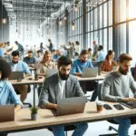 Oficinas modernas y colaborativas llenas de emprendedores trabajando en laptops en un espacio tecnológico iluminado.
