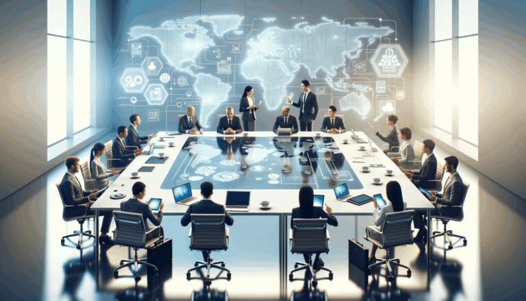 Sala de reuniones luminosa con emprendedores internacionales colaborando y dispositivos tecnológicos en una mesa.