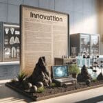 Laboratorio tecnológico con rocas volcánicas y equipos de innovación ambiental sobre una mesa, luz natural y fondo neutro.