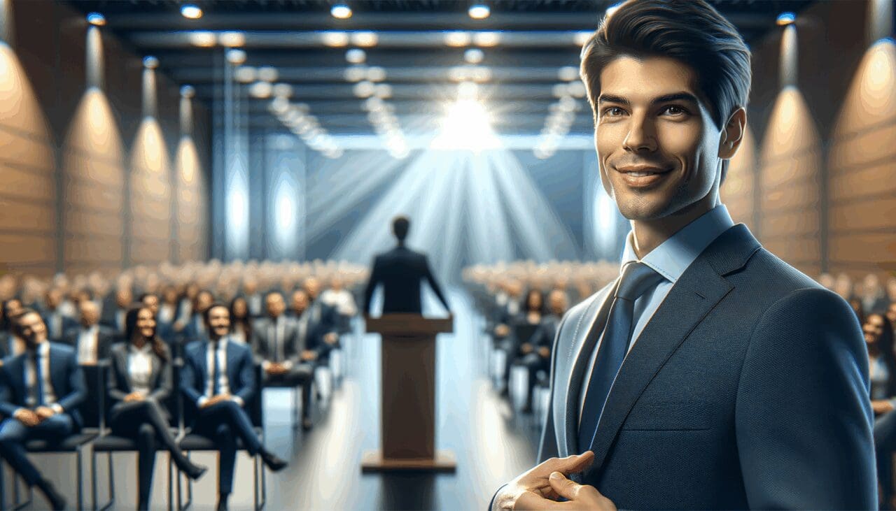 Retrato elegante de un emprendedor frente a una audiencia en un auditorio moderno, fondo desenfocado y estilo corporativo.