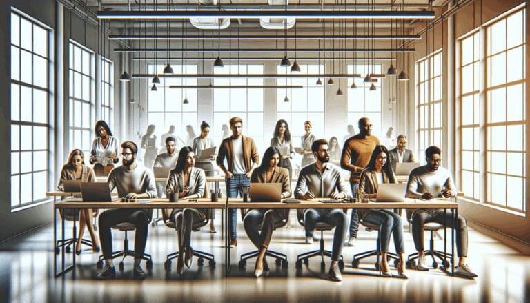 Equipo multicultural de emprendedores trabajando en un espacio de coworking moderno con tecnología avanzada.