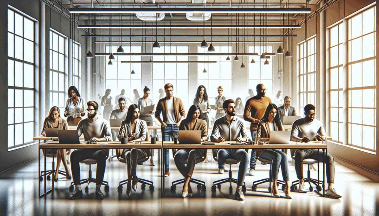 Equipo multicultural de emprendedores trabajando en un espacio de coworking moderno con tecnología avanzada.