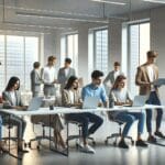 Oficinas modernas con equipos jóvenes interactuando frente a portátiles en un entorno colaborativo.