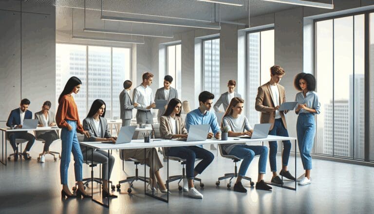 Oficinas modernas con equipos jóvenes interactuando frente a portátiles en un entorno colaborativo.