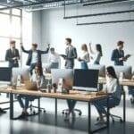 Oficina luminosa de coworking con emprendedores colaborando alrededor de computadoras modernas.