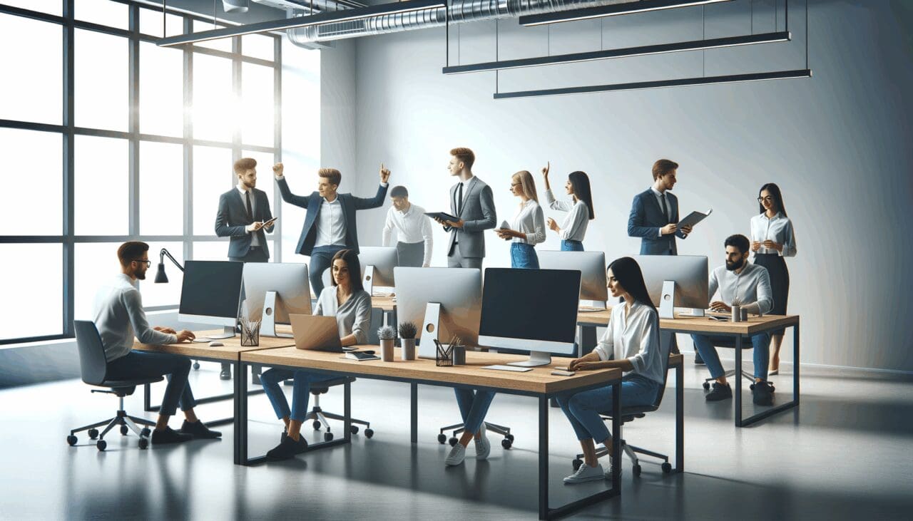 Oficina luminosa de coworking con emprendedores colaborando alrededor de computadoras modernas.