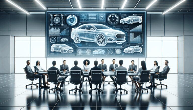 Fotografía editorial de un equipo diverso en una sala de reuniones tecnológica, pantallas de autos y gráficos en el fondo.