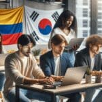 Grupo diverso de jóvenes emprendedores trabajando en laptops en un moderno coworking con banderas de Colombia y Corea del Sur al fondo.