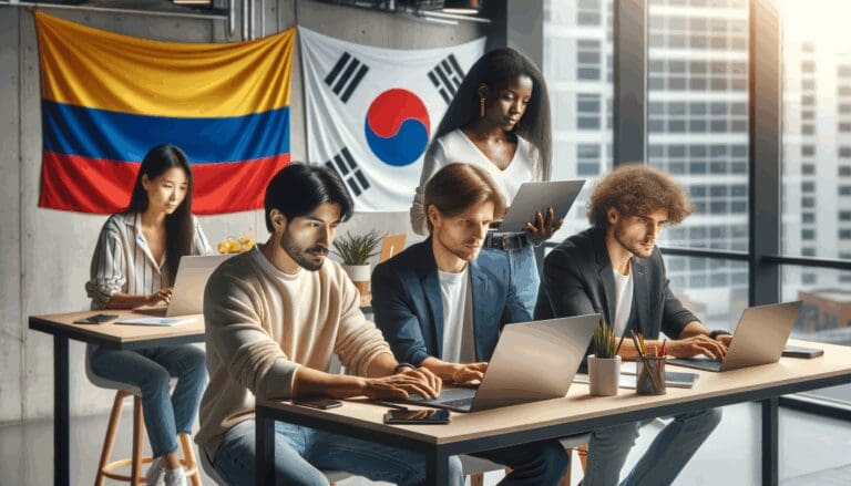 Grupo diverso de jóvenes emprendedores trabajando en laptops en un moderno coworking con banderas de Colombia y Corea del Sur al fondo.