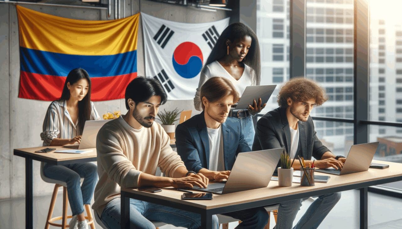 Grupo diverso de jóvenes emprendedores trabajando en laptops en un moderno coworking con banderas de Colombia y Corea del Sur al fondo.
